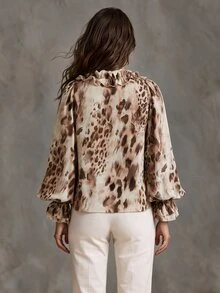 Solivie Women's Leopard Print Frill Trim Casual Daily Wear Shirt - Multicolor - View 3
