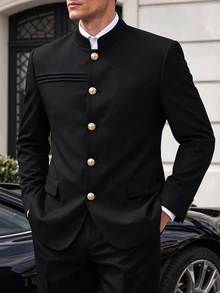 Manfinity Mode Men's Luxury Mandarin Button Design Stand-Collar Blazer, Suitable For Daily Commuting, Business, Gatherings, And Parties. - Black - View 5