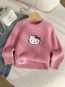 HELLO KITTY AND FRIENDS | SHEIN GraphicGems 女童圓領刺繡針織毛衣，純粉色，可愛甜美，休閒簡約百搭，舒適柔軟，適合日常穿著、戶外、上學、玩耍、野餐、旅行 - 粉色 - 查看 6