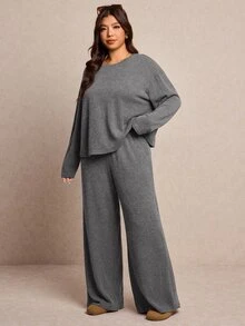 Elaquor 大尺碼女款休閒傳統居家服巧克力棕色冬季曲線居家服，秋季純色上衣與長褲兩件套舒適春季穿搭 - 灰色 - 查看 4