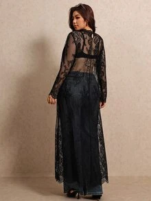 Elaquor Đầm thời trang nữ size lớn cổ đứng tay dài ren xuyên thấu - màu đen - Xem 2