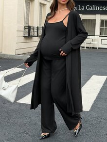 DAZY Solid Color Fitted Camisole Loose Robe Straight Leg Pants Casual Home Wear Spring Autumn 3 Pieces Set Maternity 2 Pieces Set - Black - View 7