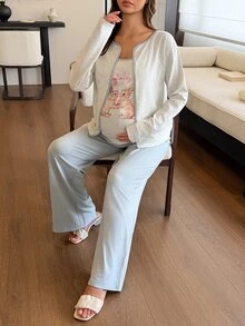 DAZY 印花細肩帶背心寬鬆開襟外套直筒長褲休閒居家服春夏秋冬3件套孕婦2件套 - 藍色 - 查看 6