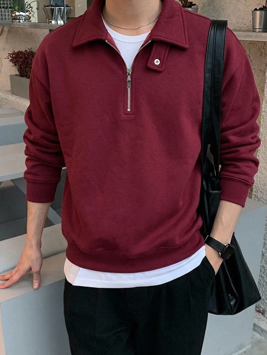 DAZY 男士純色 Polo 領可調節鈕扣設計套頭運動衫,秋冬季 1/4 拉鍊連帽衛衣 - 酒紅色 - 查看 1