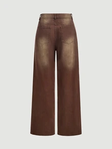 SHEIN Tall 女款直筒寬鬆休閒百搭牛仔褲，附口袋 - 咖啡棕 - 查看 11