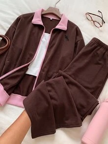 SHEIN EZwear 大尺碼拼色拉鍊長袖運動衫與寬鬆長褲兩件套，棕色休閒寬鬆性感，適合秋季旅行、派對與居家 - 鏽棕色 - 查看 4