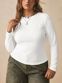 Freevana 大尺碼女款黑色長袖圓領保暖底層上衣，收腰抓皺T恤，秋季商務休閒冬季款 - 白色 - 查看 8