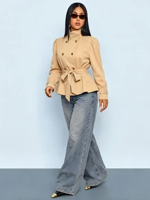 SOLERSUN Women's Solid Color Pleated Waist Knot Casual Versatile Trench Coat Jacket - Khaki - View 3