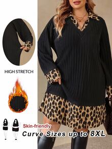 SHEIN CURVE+ 大尺碼拼色格紋印花 2 合 1 長袖針織洋裝 冬季秋季服飾 - 彩色 - 查看 1