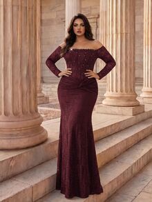 Coutiva Elegant Classy Cold Shoulder Fitted Long Evening Dress For Formal Dinner Evening Banquet Wedding Brown Autumn - Burgundy - View 6