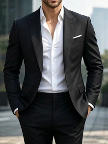 Manfinity Homme Setelan Jas dan Celana Pria Kasual Bisnis Formal Warna Hitam Polos Ukuran Besar, Pilihan Hadiah Liburan yang Sempurna - Hitam - View 1