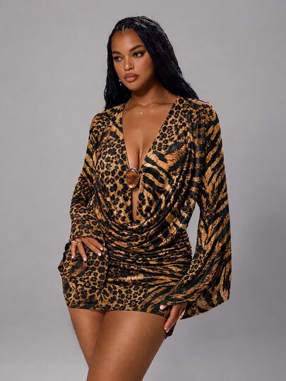 Rustia Plus Size Fashionable Cowl Neck Ruched Bodycon Sexy Elastic Dress