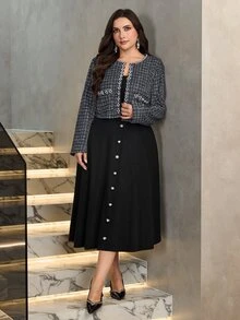Modelyn Elegant Tweed Pearl Trim Long Sleeve Short Jacket And Black Ribbed Crew Neck Sleeveless Waist-Cinching A-Line Regular Mid-Length Dress, Plus Size 2 Pieces Set For Autumn/Winter, Suitable For Wedding, Party, Commute - Multicolor - View 4