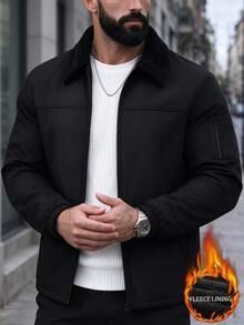 Manfinity Homme Thermal Lined Men's Letter Print Zip-Up Long Sleeve Jacket - Black - View 7