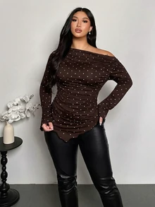 Firerie Plus Size Women Polka Dot Asymmetrical Shoulder Casual Daily Wear T-Shirt - Brown - View 3
