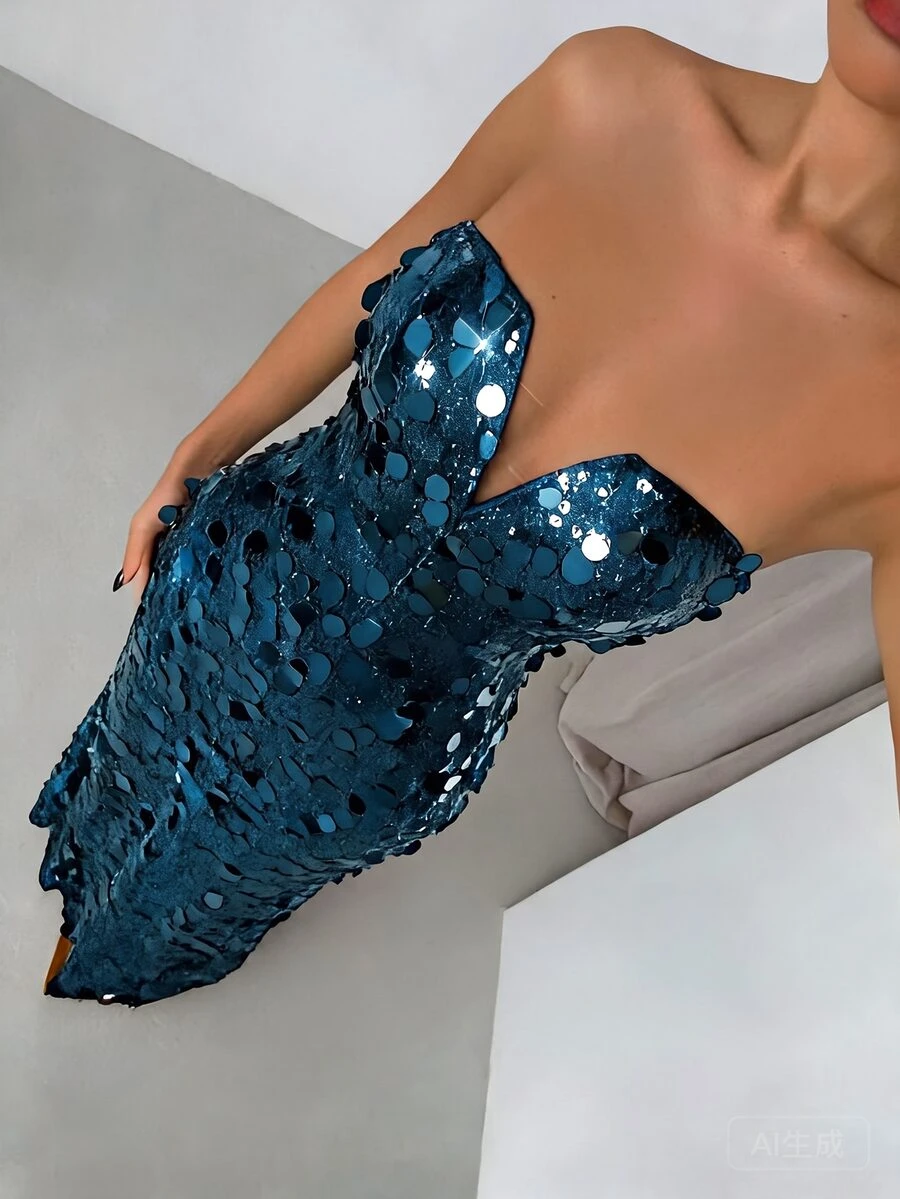 SHEIN Glamour Women's Sequin Casual Party Strapless Dress - Teal Blue - View 1