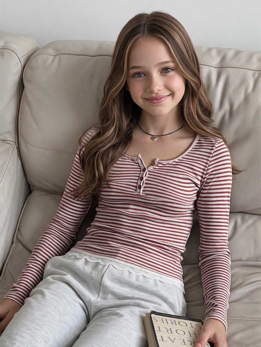 SHEIN Tween Girl 童女兒童針織粉色條紋寬鬆大碼大圓領長袖休閒蕾絲拼接下擺T恤 - 鏽棕色 - 查看 1