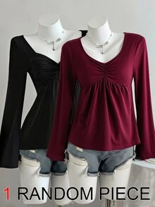 Tween Girl) T-Shirt, Burgundy Heart-Shaped Neckline, Exquisite Collarbone Accent, Ruched Waist Design To Conceal Belly, Flared Long Sleeves To Shape Arm Lines - Burgundy - View 1
