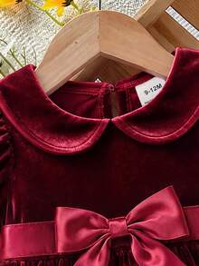SHEIN Baby Girl Bow Decor Peter Pan Collar Fashion Party Dress - Red - View 5