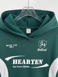 SHEIN 青少年女孩拼色字母印花寬鬆休閒運動衫 秋冬款 - 綠色 - 查看 6