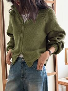 Livesso Women's Green Loose Casual Commute Office Layering Knit Cardigan Sweater, Autumn/Winter - Olive Green - View 2