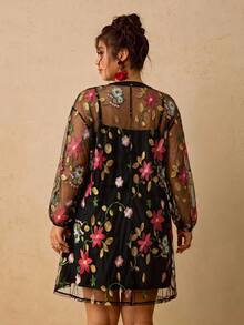 SHEIN VCAY Plus Size Women's Floral Embroidered Mesh Round Neck Long Sleeve Fashion 2 In 1 Dress - Black - View 6