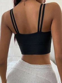DAZY 女款網格拼接抓皺雙肩帶加墊純色微聚攏運動內衣 - 黑色 - 查看 2
