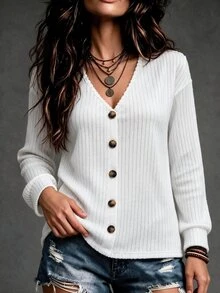 SHEIN LUNE Women's Solid Color V-Neck Casual Versatile Long Sleeve T-Shirt Fall Cloth For Women - White - View 5