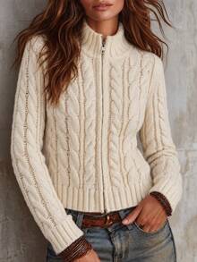 Solivie Women's Autumn/Winter High Neck Knit Cardigan White Top - White - View 4