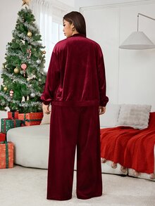 Solflare Plus Size Women's Solid Color Long Sleeve Top And Pants Casual 2 Pieces Set Christmas - Red and White - View 2