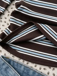 SHEIN Tween Girls Tween Girl Tween Girl Autumn Coffee Striped Lace Trim Patchwork Long Sleeve T-Shirt Casual Daily Holiday - Coffee Brown - View 3