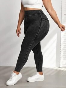 SHEIN CURVE+ بنطلون جينز ضيق عالي المرونة مع جيوب جانبية كاجوال مقاس كبير - الأسود - مشاهدة 5