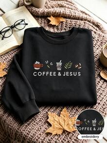 INAWLY Women's Letter Embroidered Crew Neck Long Sleeve Casual Sweatshirt - Black - View 3