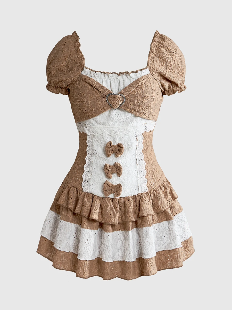 ROMWE Kawaii Women's Lolita Princess Cute Bow Doll Dress - Coffee - View 1