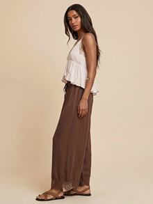 SHEIN BAE Women's Solid Color Drawstring Waist Casual Daily Travel Long Pants - Brown - View 3