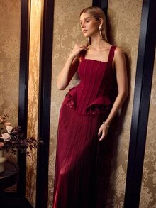 MOTF Soiréza ELEGANT STRAPS SLEEVELESS MAXI GOWN WITH FRINGE HEM FOR FORMAL PARTIES, WEDDINGS, GALAS - Burgundy - View 7