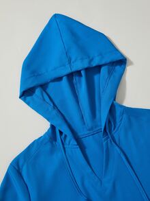 TaskEZ Royal Blue Long Sleeve V-Neck Hooded Dual Pocket Convenient Comfortable Minimalist Women's Scrub Uniform Hoodie Top - Blue - View 4