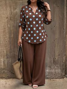 Weeklong Plus Size Polka Dot Raglan Sleeve Blouse & Wide Leg Pants Casual Set - Multicolor - View 4