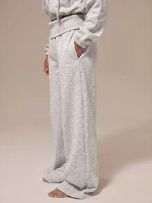 MUSERA ESSENTIALS Off White Fleece Foldover Ribbed Waistband Relaxed Wide Leg Pants Basics Loungewear Casual Everyday Essentials - Grey - View 3