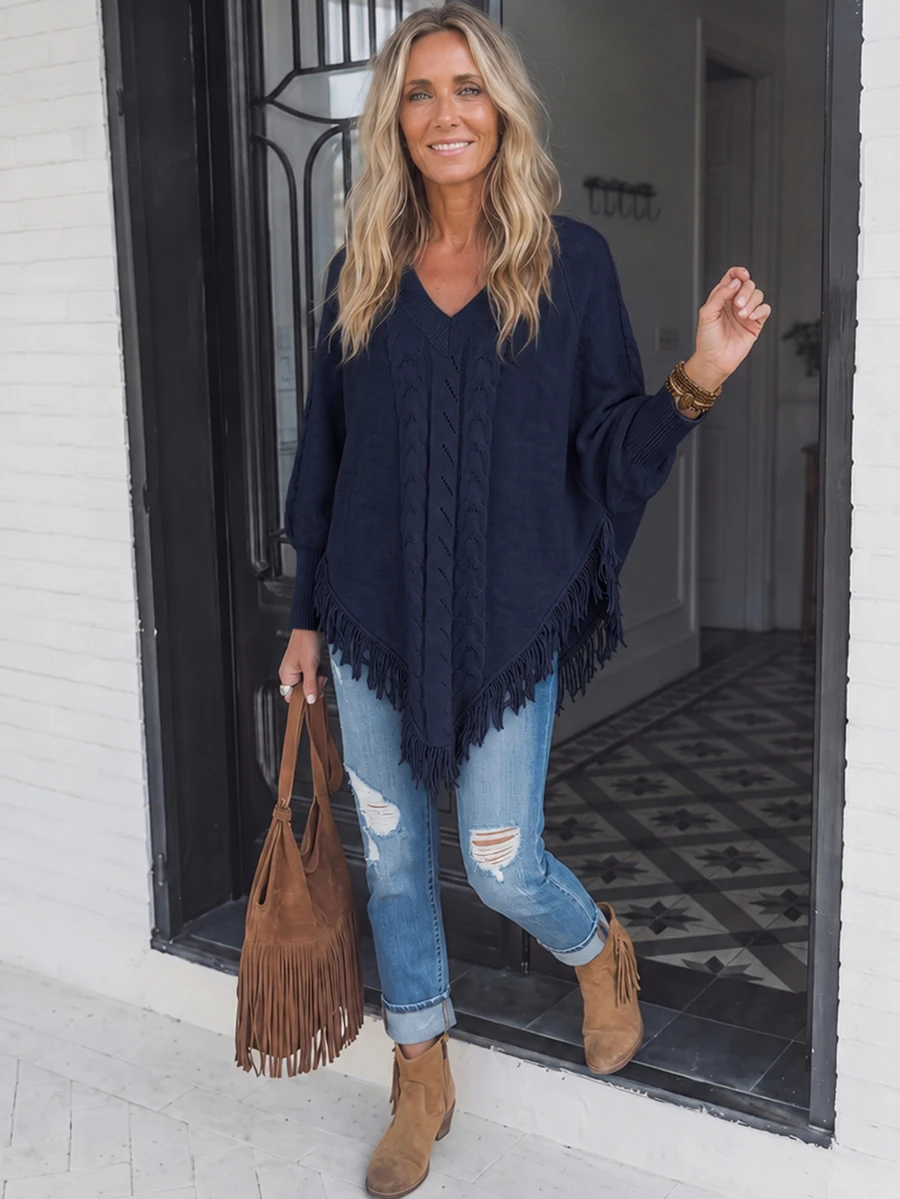 LanaWest Women's Vintage Distressed Hollow Out Tassel Cape Sweater ...