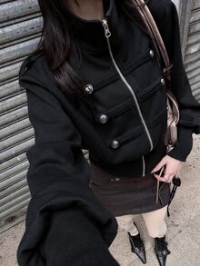 Siren Gaze Women's Fashion Double-Breasted Zipper Long Sleeve Sweatshirt - Black - View 1