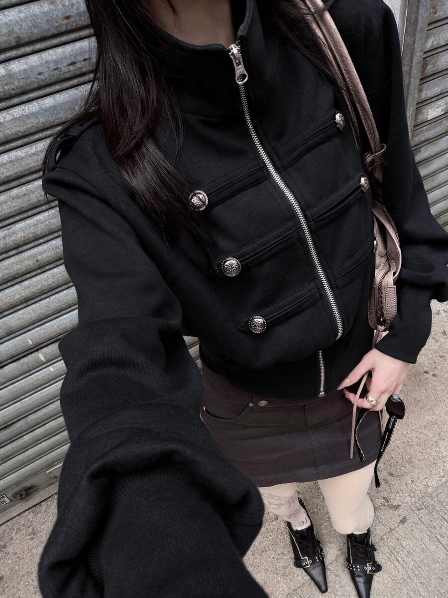 Siren Gaze Women's Fashion Double-Breasted Zipper Long Sleeve Sweatshirt - Black - View 1