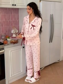 SweetSlumber طقم بيجامة نسائي حلو بأسلوب INS للبنات بتصميم كتل لونية وطبعة كرز مربعات مع فيونكة ربط وفتحة وكشكشة منفوخة - متعدد الألوان - مشاهدة 6