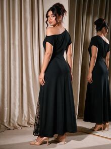 Penseblé Women's Minimalist Sexy Party Dinner Cocktail Wedding Elegant Fluffy Lace Trim Slit Ruched Asymmetrical Neckline Solid Color Dress Black Summer - Black - View 2