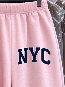 青少年女孩 2 件組 NYC 字母印花長袖上衣與寬腿長褲套裝，粉色海軍藍，秋季服飾 - 彩色 - 查看 5