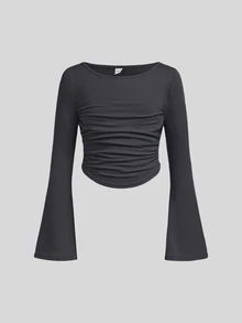 SHEIN Girlism 青少年女孩修身休閒圓領喇叭袖百褶設計長袖T恤 - 深灰色 - 查看 1