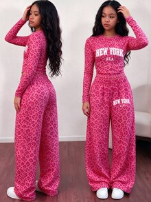 Conjunto de camiseta de manga larga con estampado de leopardo fucsia, letra y cintura fruncida & pantalones de pierna ancha, moda casual de otoño para niñas preadolescentes - Multicolor - Ver 3