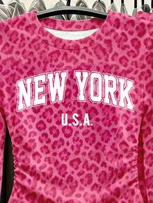 Conjunto de camiseta de manga larga con estampado de leopardo fucsia, letra y cintura fruncida & pantalones de pierna ancha, moda casual de otoño para niñas preadolescentes - Multicolor - Ver 6