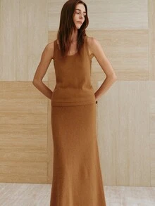 MOTF PREMIUM WOMEN'S WOOL VEST & SKIRT 2 PIECES SET, AUTUMN/WINTER - Camel - View 6