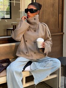 Muchica Women's Autumn/Winter New Brown Plaid Funnel Neck Double-Breasted Casual Loose Overcoat - Multicolor - View 6
